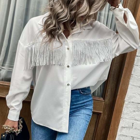 Boho western chic glam button up rhinestone fringe shirt black - Picture 6 of 6